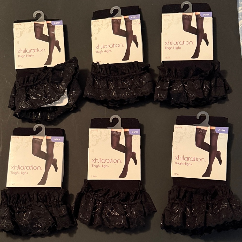 6 pairs of Xhilaration Black Lace Thigh Highs. One size fits most.
